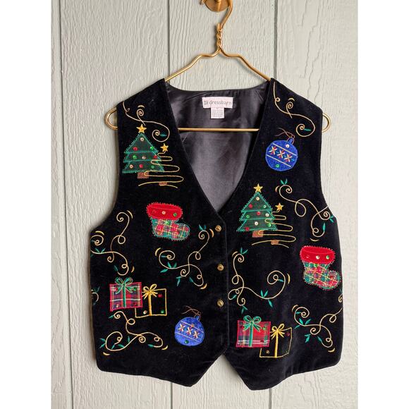 Vintage 90s Christmas Vest Women’s M – Velvet Embroidered Ornaments - Picture 1 of 4